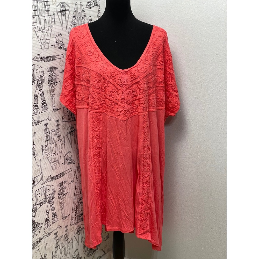 Roaman's Tunic Top/Dress Crochet Lace V-Neck 3X Coral Pink Short Sleeve Boho